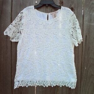 Philosophy Crochet Womens MEDIUM Ivory Short Sleeves Lace Pullover Round Neck